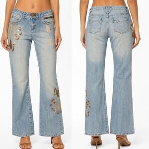 Peppe Peluso Jeans Womens 30x32 Beaded Embroidered Flare Light Low Rise Y2K Boho